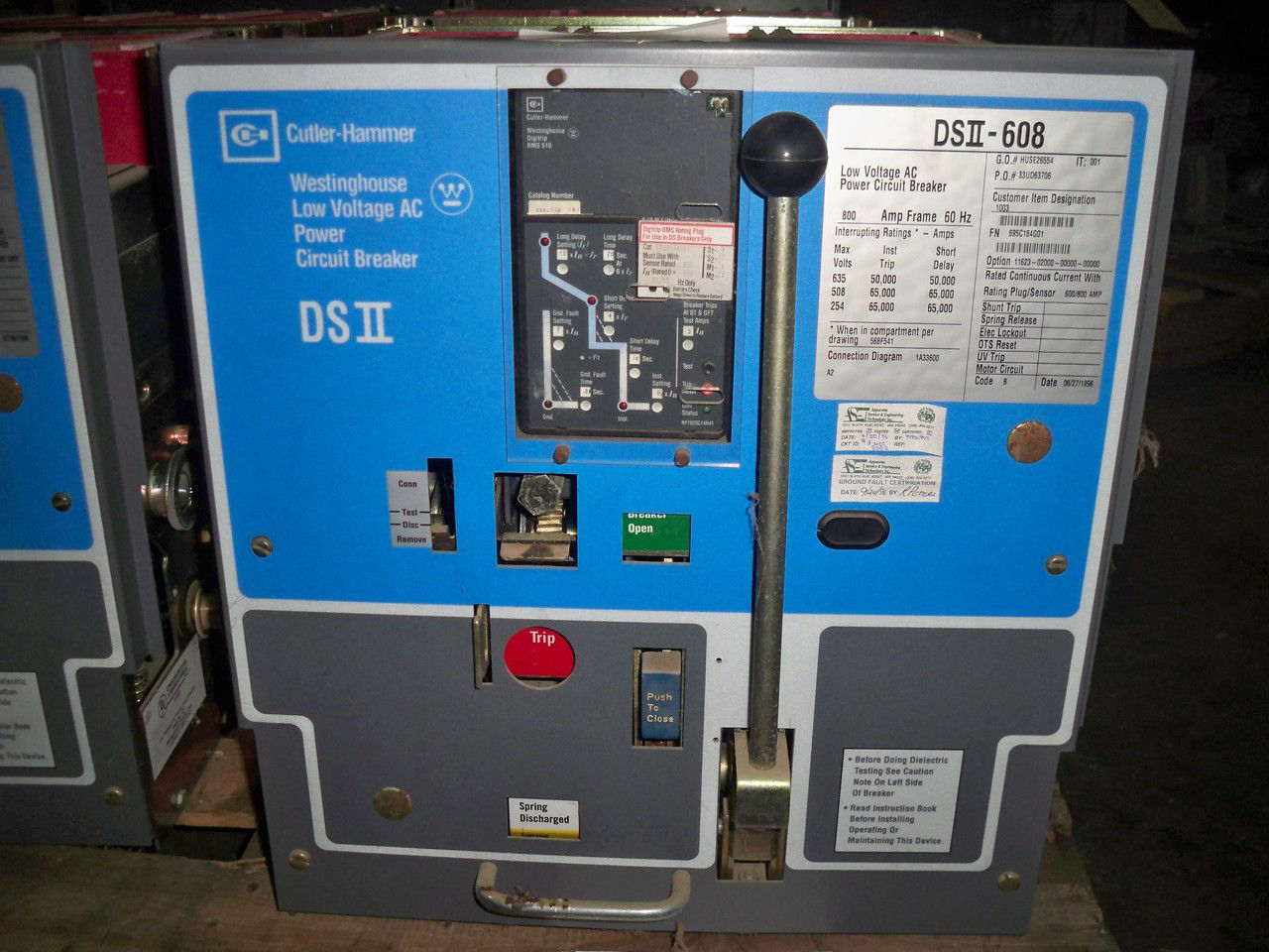 Picture of DSII-608 CH-W-Hse 800A Frame 600A Rating Plug RMS510 MO/DO Air Breaker LSIG