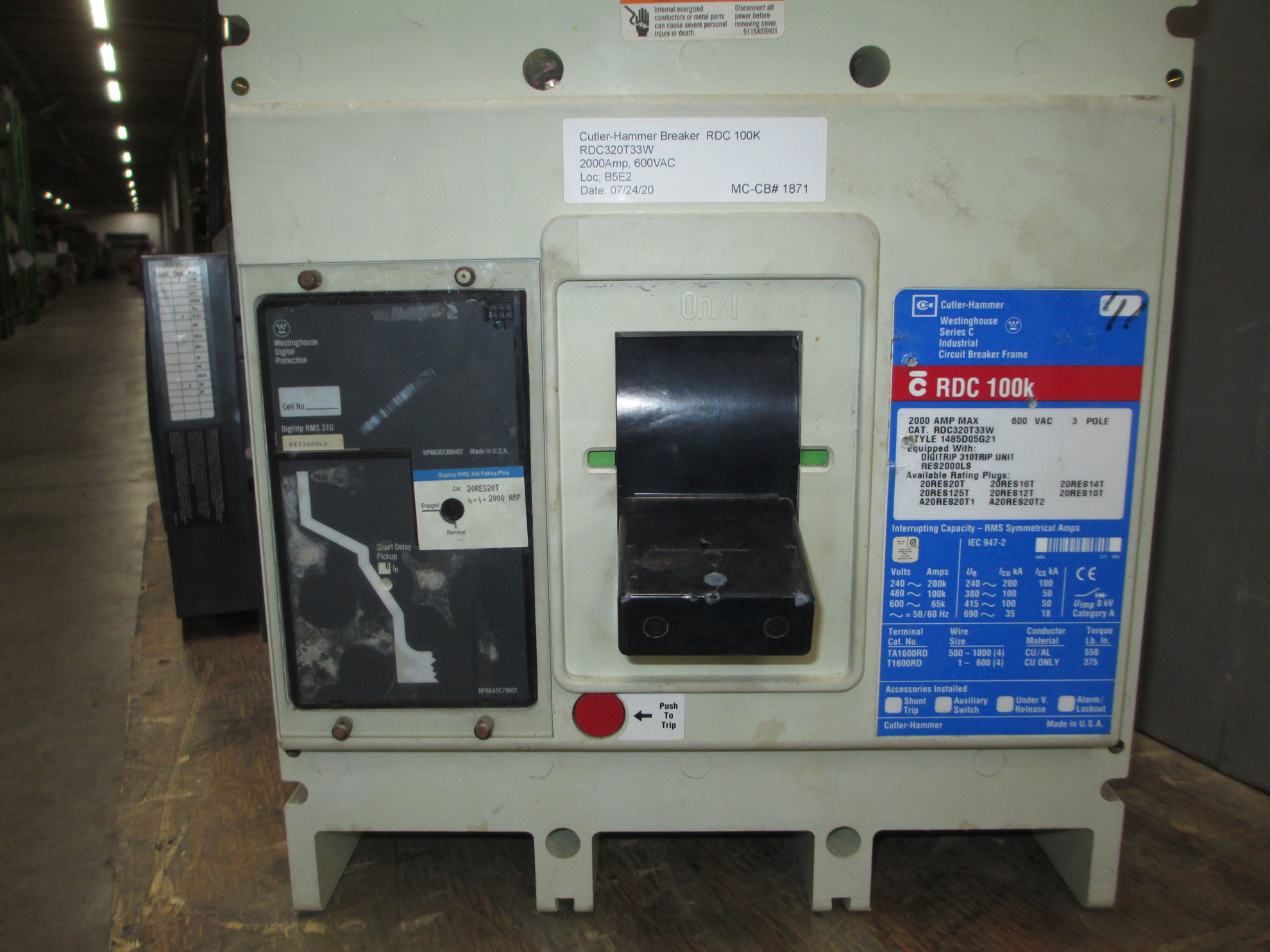 Picture of RDC320T33W Cutler-Hammer Breaker RDC 100k 2000 Amp 600 VAC M/O F/M